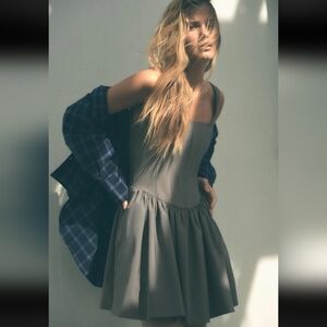 NEW Zara Corset Boning Gathered Dark Gray Structured Mini Dress S